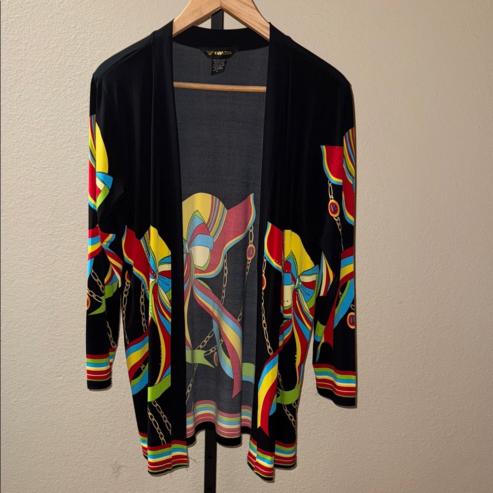 Vintage Valentina Black Bling Multicolor Graphic Open Cardigan Women’s Size L